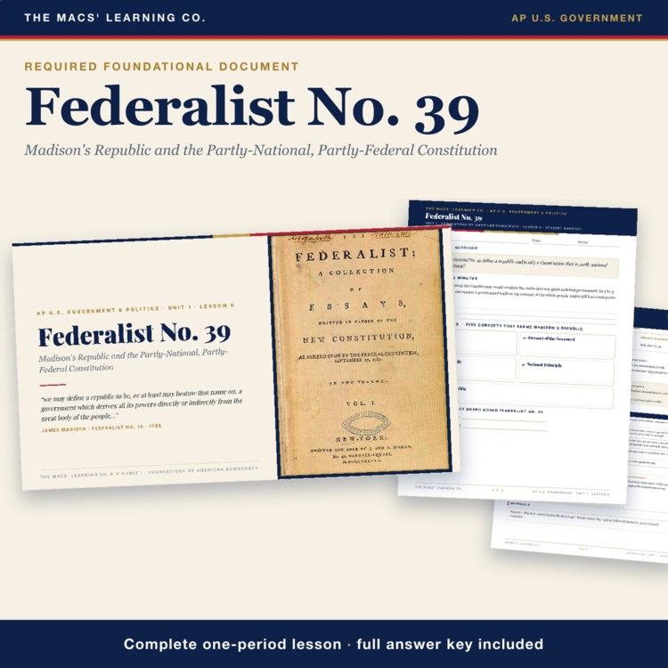 AP Government Federalist 39 Lesson | Compound Republic + Answer Key cover