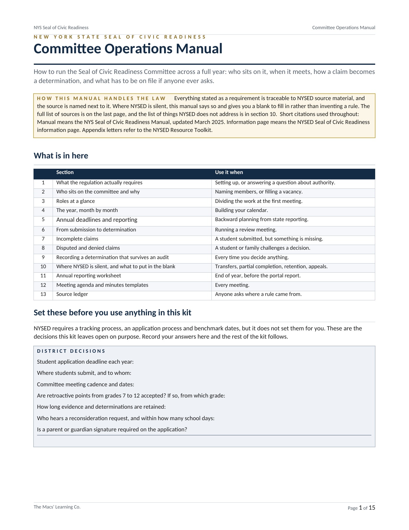 Seal of Civic Readiness committee operations kit showing the manual, review forms, student application, counselor guide, and administrator briefing