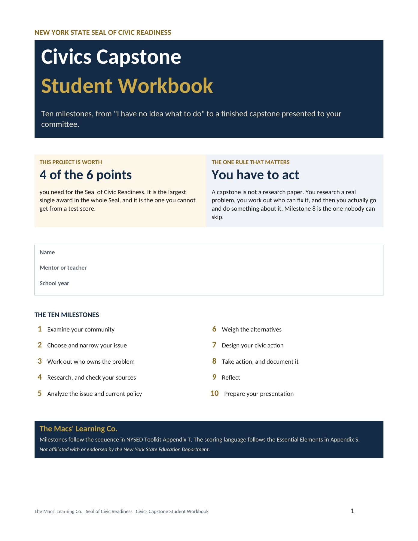Grades 9 through 12 Civics Capstone kit showing the rubric and student workbook for the four-point Seal pathway