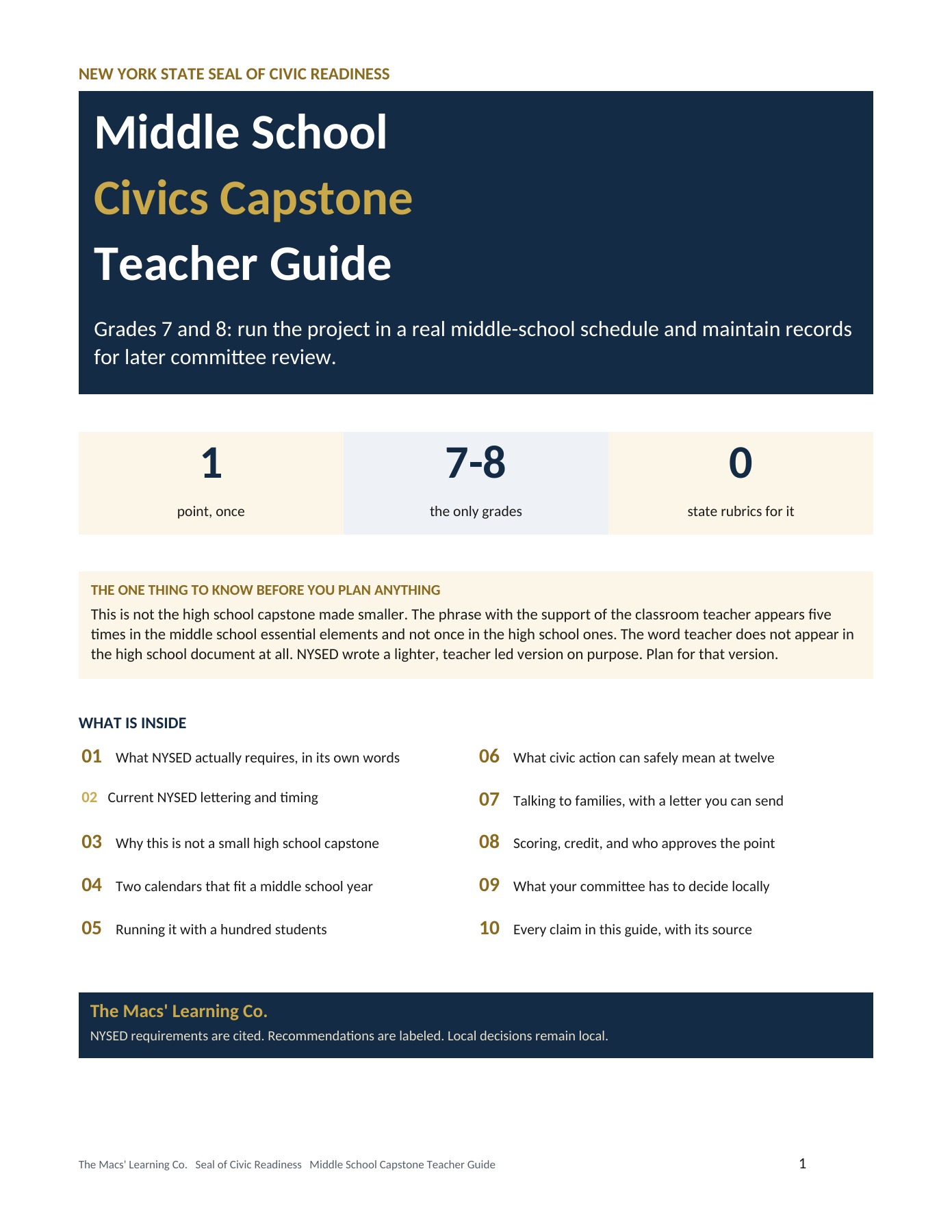 Middle School Capstone kit showing the teacher guide and interior planning pages for grades 7 and 8