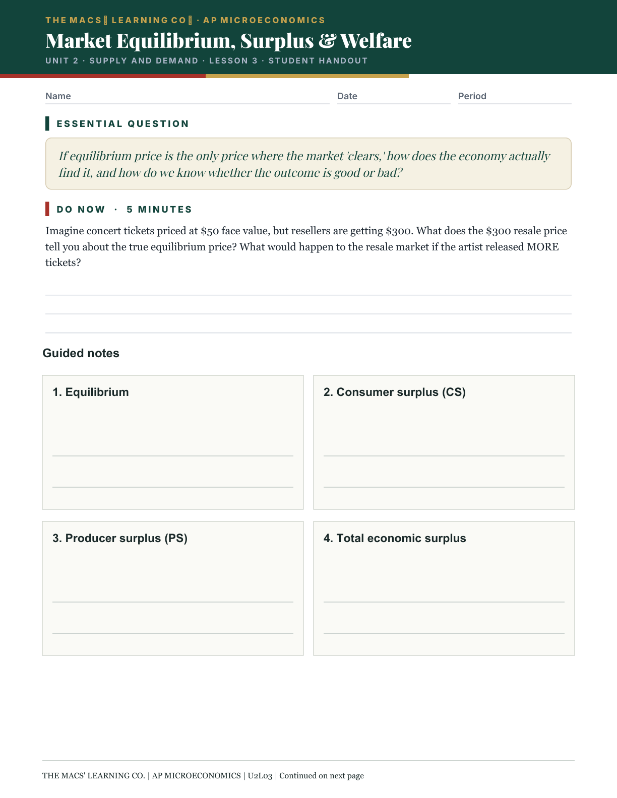 Student handout, Unit 2 Lesson 3, PDF page 1: concert-ticket Do Now and guided notes on equilibrium and surplus.