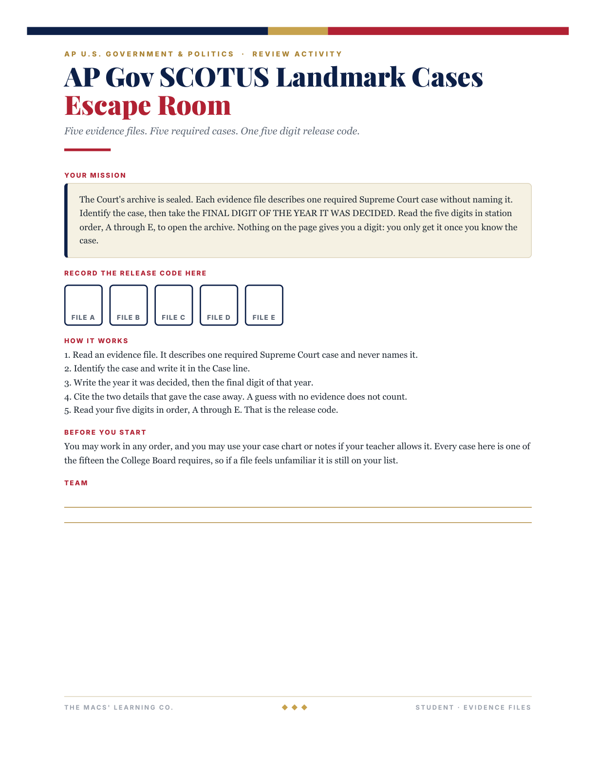Bundle member AP Gov SCOTUS Landmark Cases Escape Room: Student Evidence Files, page 1 (mission and student instructions).