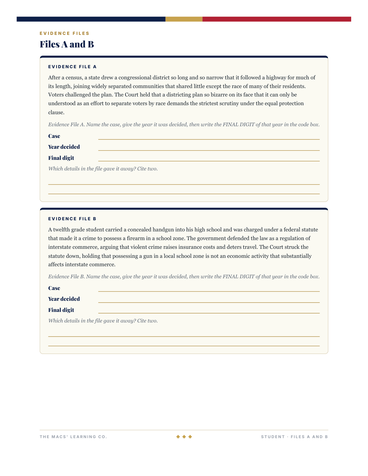 AP Gov Federalism and Rights Escape Room: Student Evidence Files, page 2 (evidence files A and B with blank response fields).