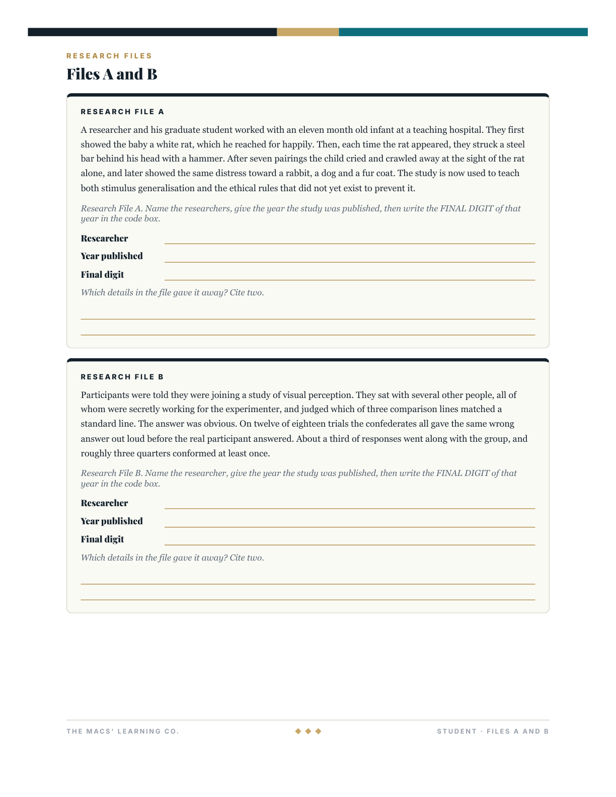 AP Psychology Escape Room Landmark Studies Review Activity Test Prep: original student page sample, PDF page 2.