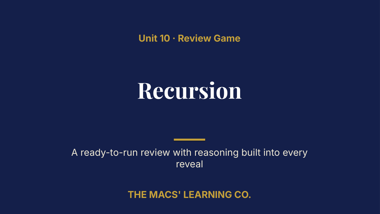 AP Computer Science A Unit 10: Recursion Review | Editable PowerPoint: original title sample, PDF page 1.