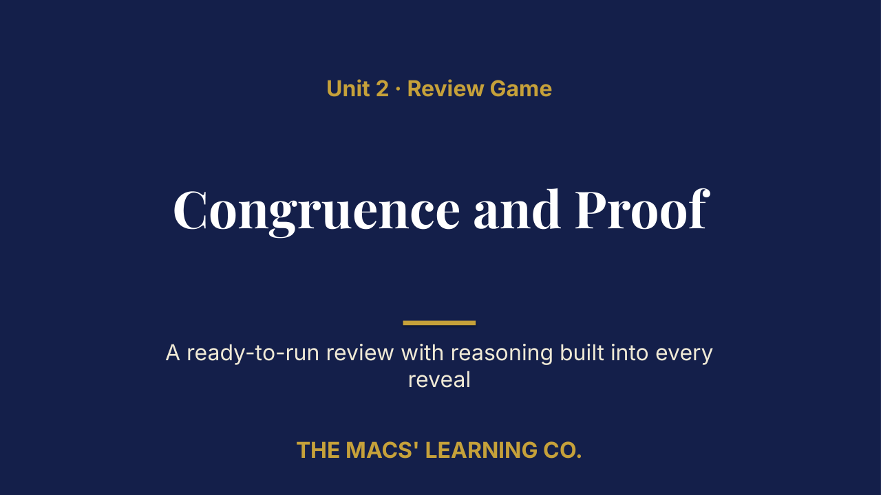 Geometry Unit 2: Congruence and Proof Review | Editable PowerPoint: original title sample, PDF page 1.