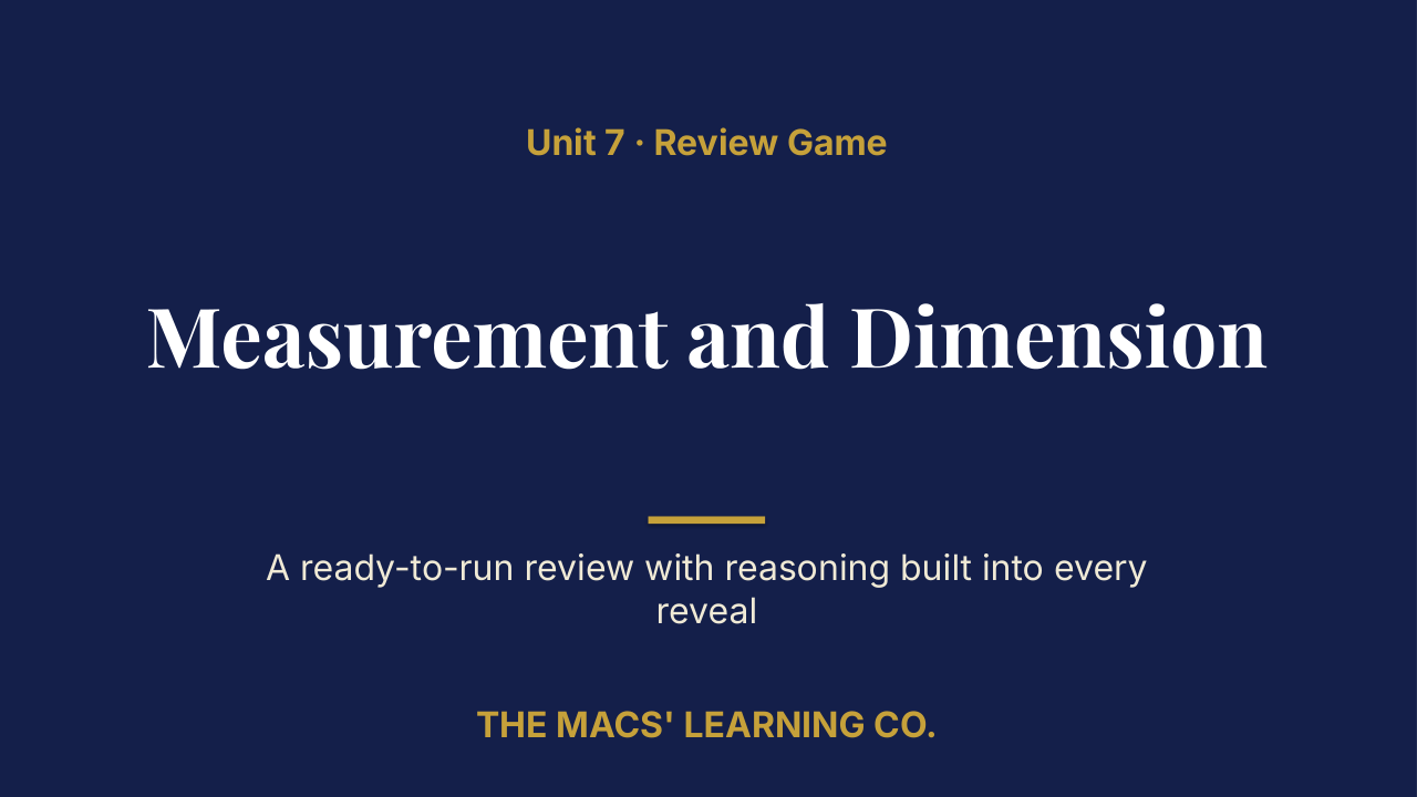 Geometry Unit 7: Measurement and Dimension Review | Editable PowerPoint: original title sample, PDF page 1.