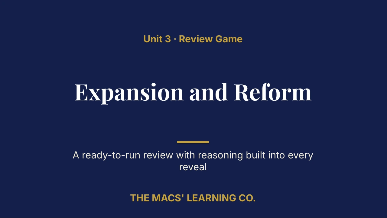 Grade 11 U.S. History Unit 3: Expansion and Reform Review | Editable PowerPoint: original title sample, PDF page 1.