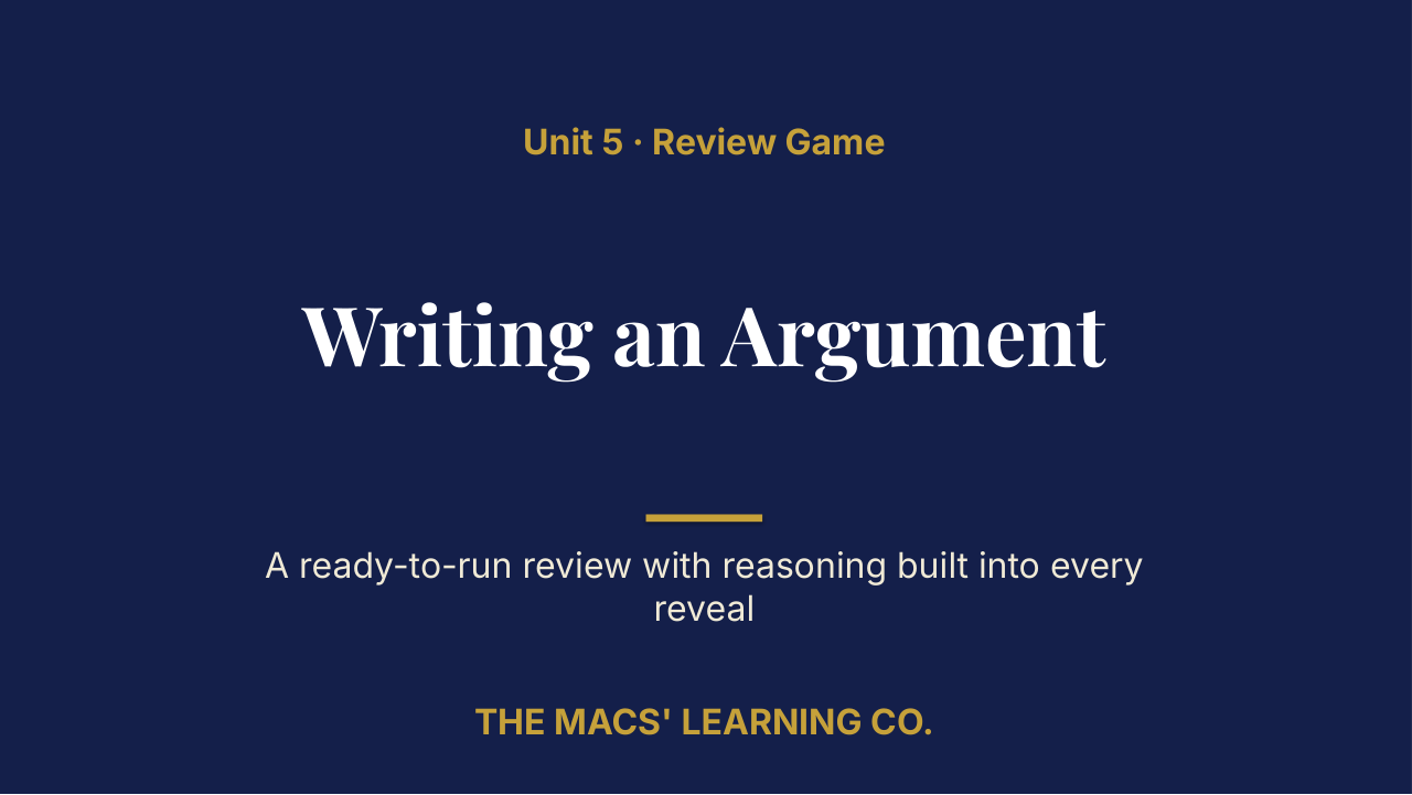 Grade 10 ELA Unit 5: Writing an Argument Review | Editable PowerPoint: original title sample, PDF page 1.