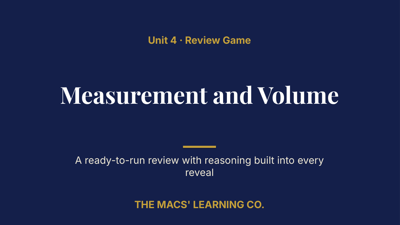 Grade 5 Math Unit 4: Measurement and Volume Review | Editable PowerPoint: original title sample, PDF page 1.