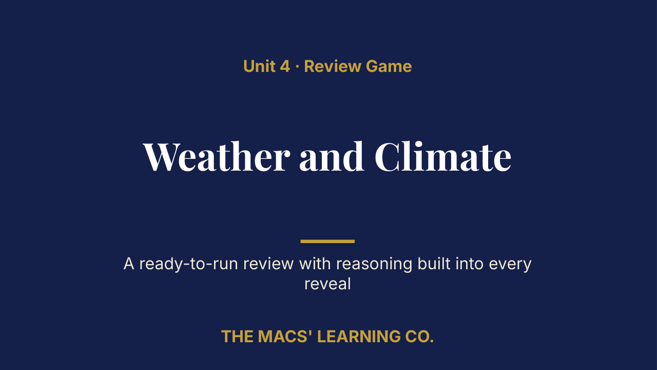 Grade 6 Science Unit 4: Weather and Climate Review | Editable PowerPoint: original title sample, PDF page 1.