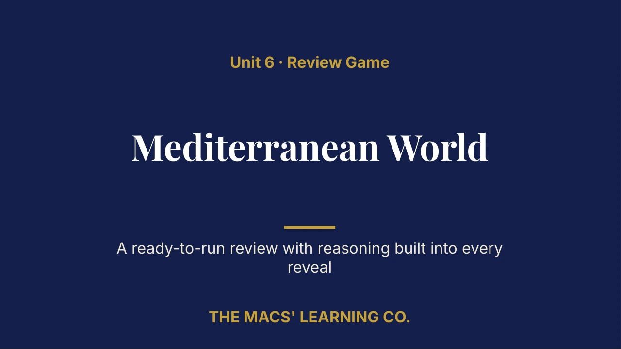 Grade 6 Social Studies Unit 6: Mediterranean World Review | Editable PowerPoint: original title sample, PDF page 1.