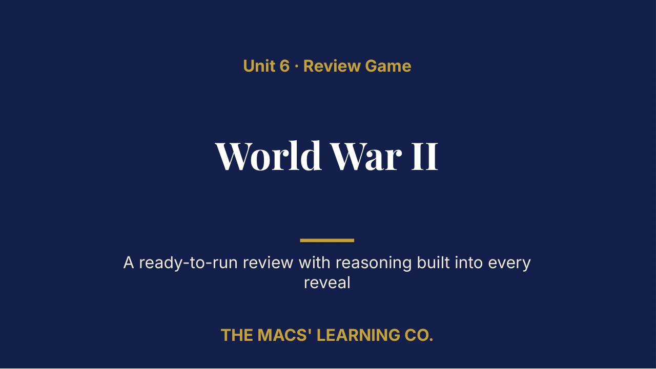 Grade 8 U.S. History II Unit 6: World War II Review | Editable PowerPoint: original title sample, PDF page 1.